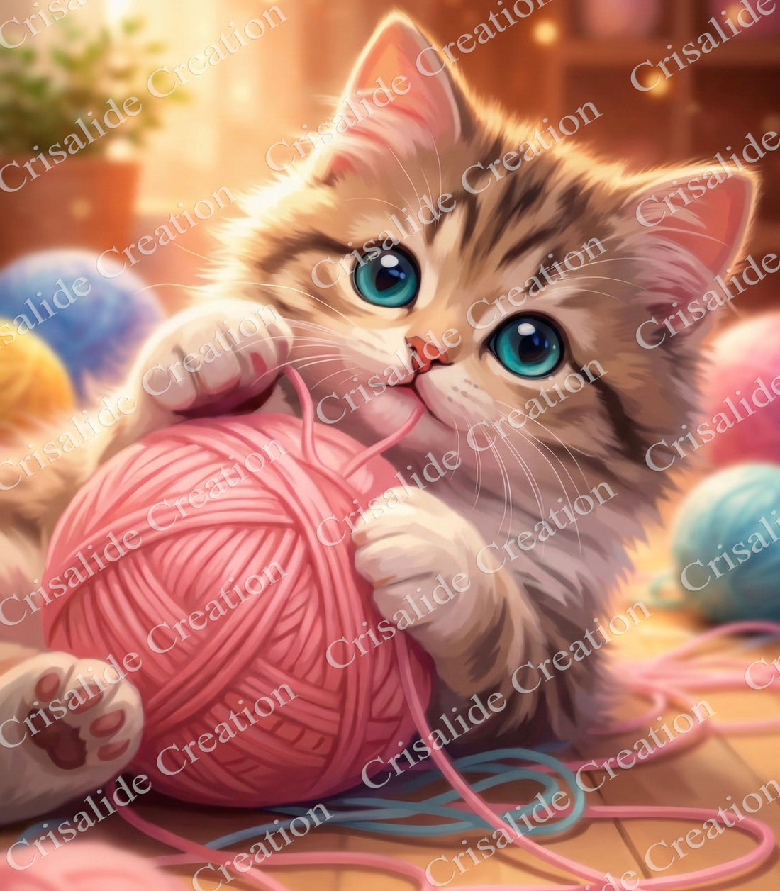 Kit Digitale Diamond Painting - HD Gattino con gomitolo di lana + Tabella DMC